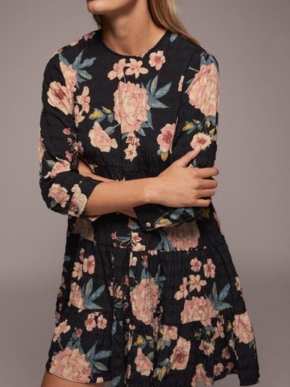 ZARA Sharon Floral Print 3/4 Sleeve Babydoll Mini Dress